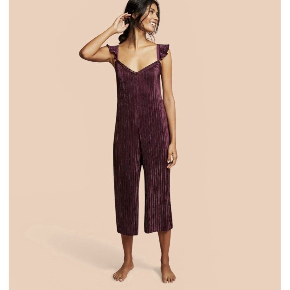 NWT Anthropologie Floreat Willow Plum Jumpsuit Crinkle Satin Cropped Size XS NEW